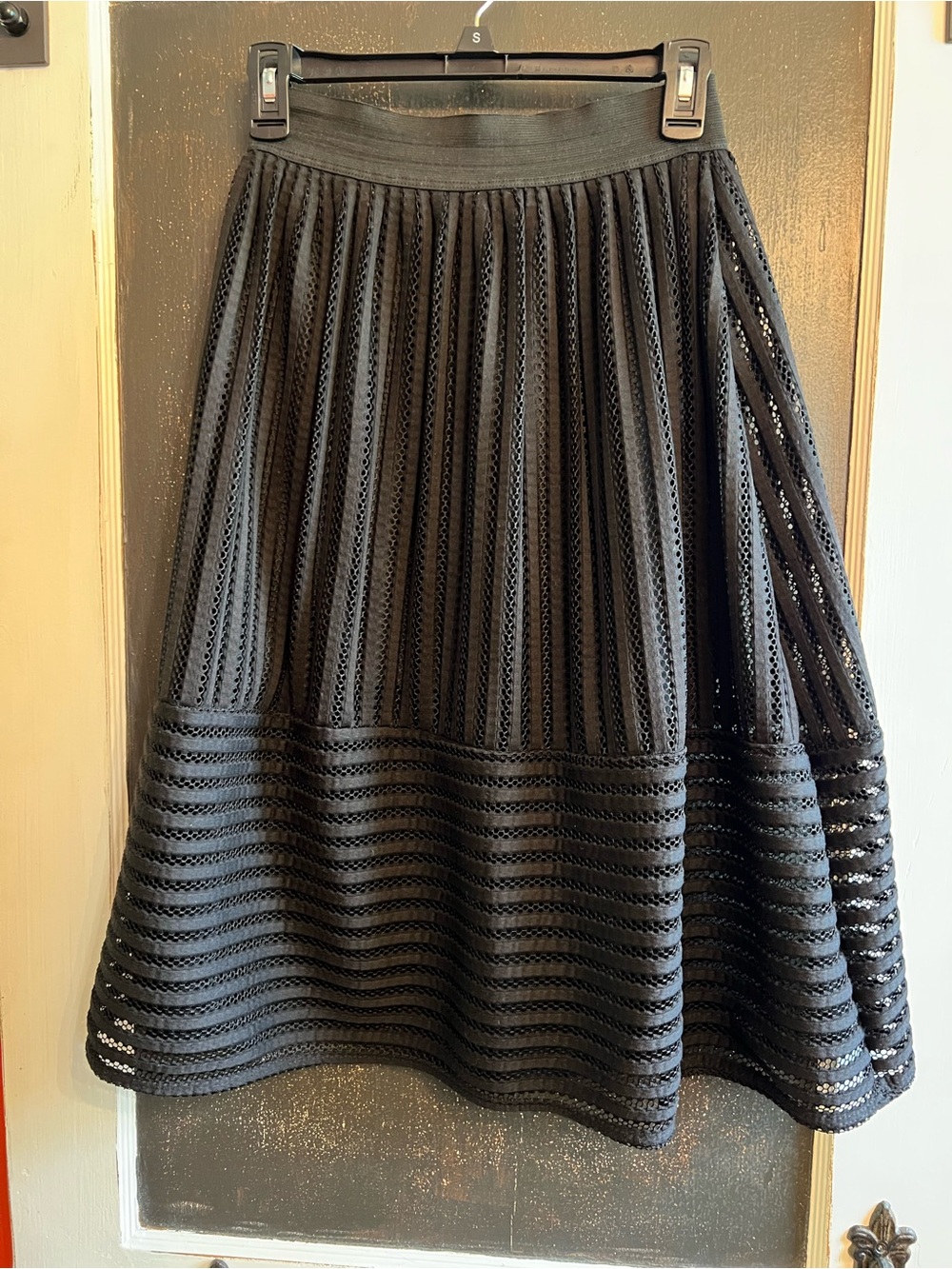 Sensational Black Textured Lace Full Midi Skirt